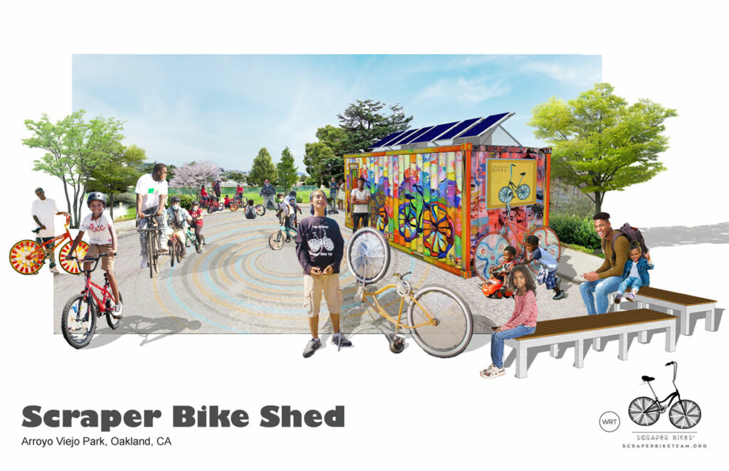 A colorful rendering of a shipping container with bike-themed murals painted on it, a solar array on top, and a number of people, mostly youth, riding bikes decorated with paint and duct tape, or sitting on benches and smiling.