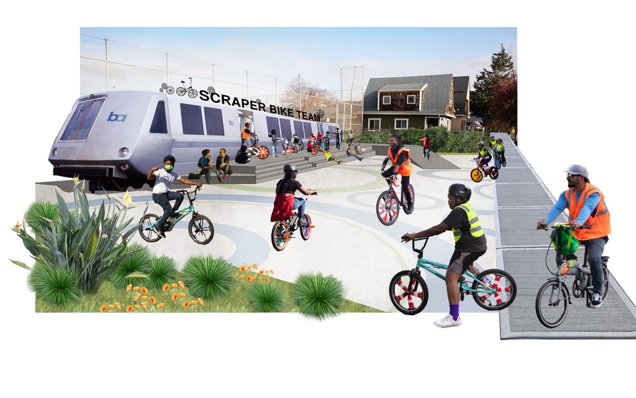 A design rendering of a community space anchored by an old BART train car. The car has bicycles on the roof, and a sign that reads "SCRAPER BIKE TEAM". Kids ride bikes decorated with tape and spray paint in the foreground; adults wearing safety vests are chaperoning.