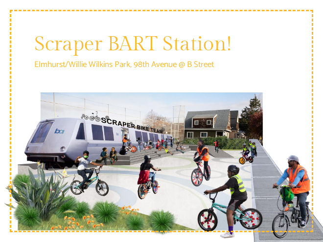 Scraper BART Station! Elmhurst/Willie Wilkins Park, 98th Avenue @ B Street. The rendering depicts a legacy BART car with a sign reading "SCRAPER BIKE TEAM" across the top. The car is located in a park space, with a staircase leading up to the doors, and a playground fence and residential houses in the background. A number of children and adults are pictured riding bikes in the park.